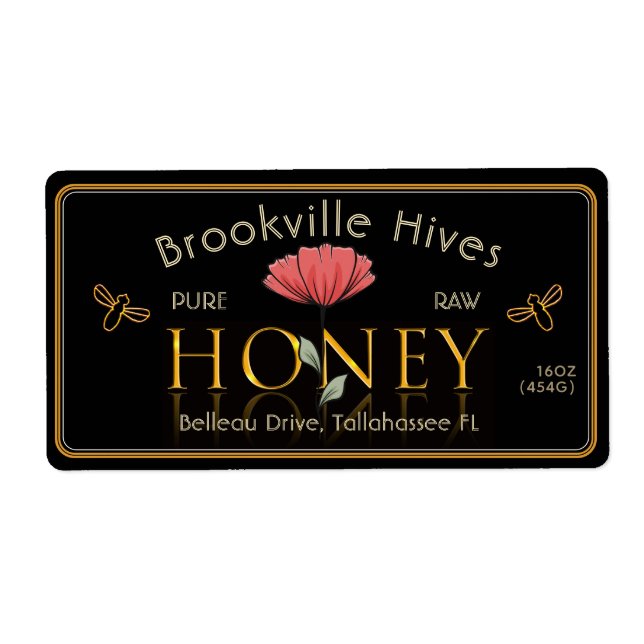 Pure Raw Honey Label Black and Gold Red Flower Bee (Front)