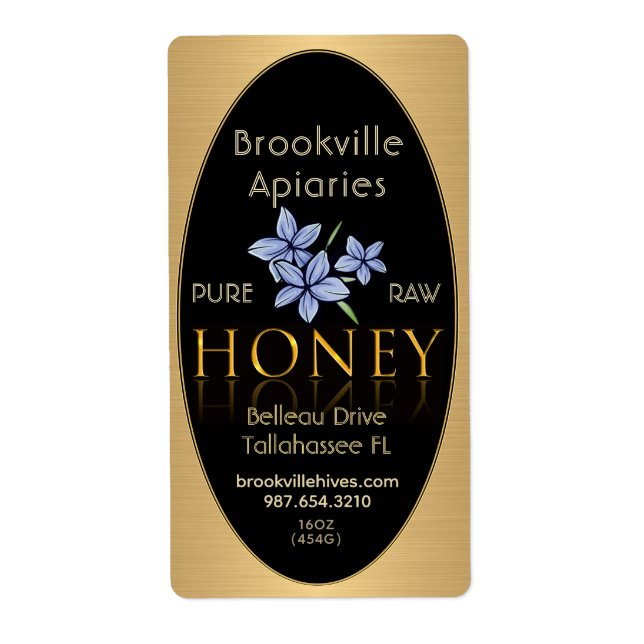 Pure Raw Honey Label Black and Gold Wildflowers (Front)