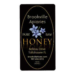 Pure Raw Honey Label Black and Gold with Flower