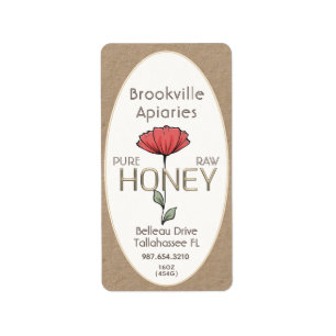 Pure Raw Honey Label Kraft and Ivory with Flower