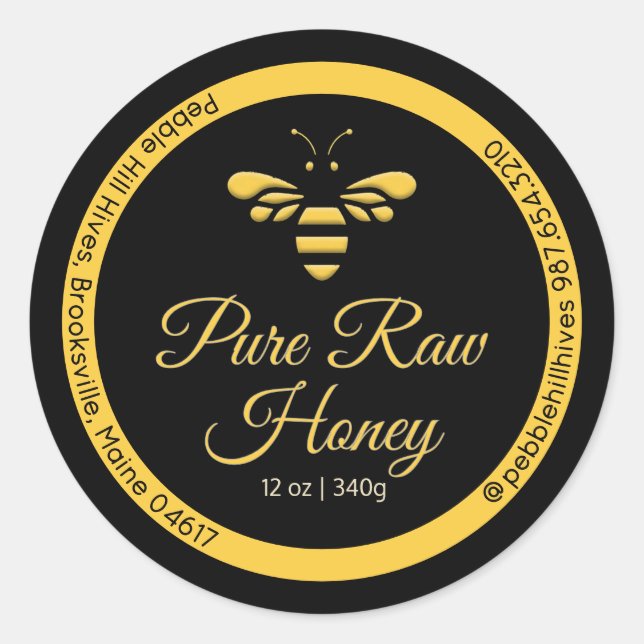 Pure Raw Honey Label Yellow Honeybee on Black (Front)