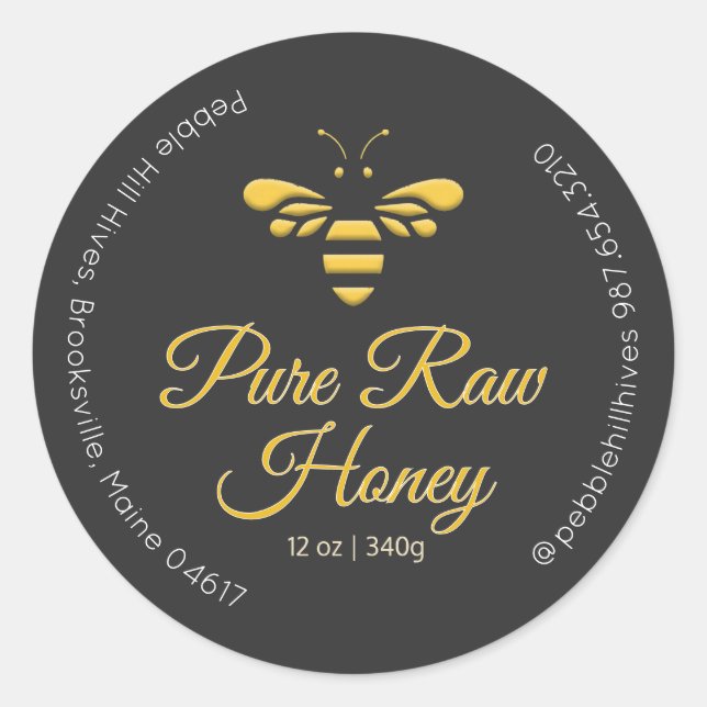 Pure Raw Honey Label Yellow Honeybee on Charcoal (Front)