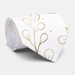 Pure White & Gold Outline Eucalyptus Wedding  Tie