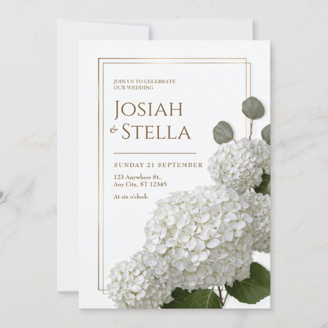 Pure White Minimalist Hydrangea Gold Frame Wedding Invitation (Front)