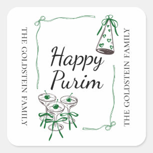 Purim Green Bows Part Hat Drinks Mishloach Manot  Square Sticker