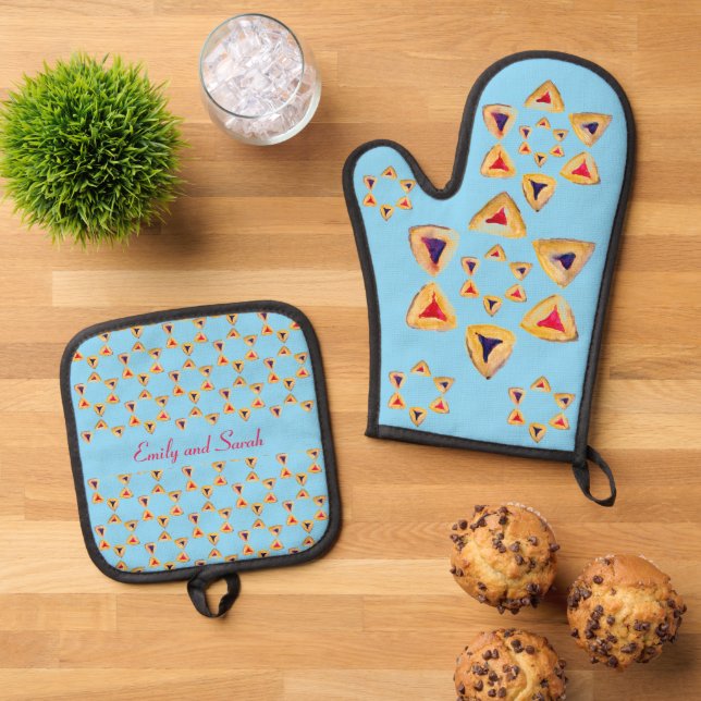 Purim Hamantaschen Personalizable Blue Oven Mitt & Pot Holder Set (Top Down)