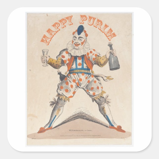 Purim. Happy Clown. Lechaim Square Sticker (Front)