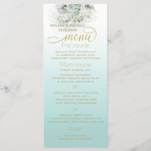 Purist blue ombre romantic floral gold calligraphy menu