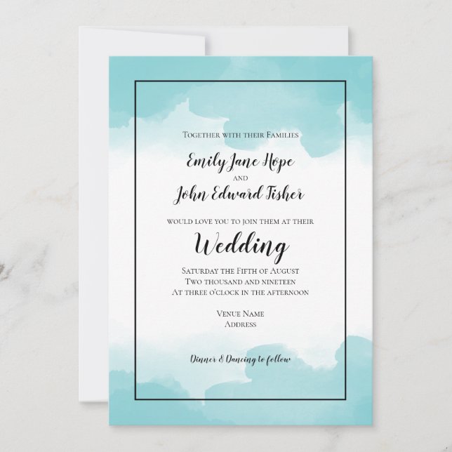 Purist Blue Teal Watercolors Line Border Wedding Invitation (Front)