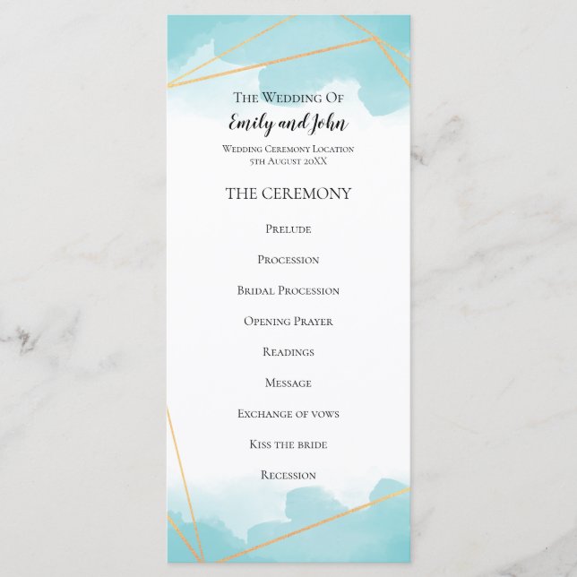 Purist Blue Watercolor Gold Geometric Line Wedding Program (Front)