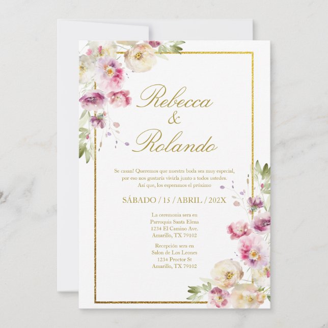 Purpl flower Elegant Wedding Invitation in Spanish (Front)
