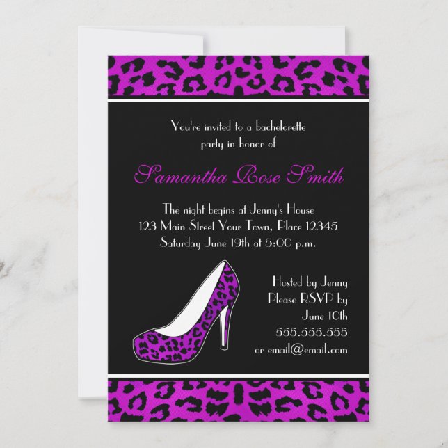 Purpl Leopard Animal Print Heel Bachelorette Party Invitation (Front)