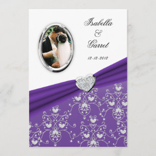 Purpl Ribbon Heart Damask Wedding Photo Invitation