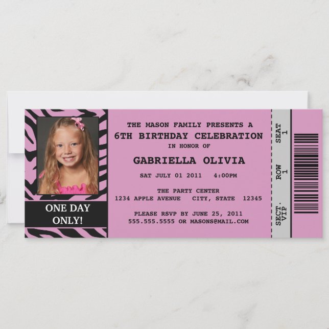 Purpl Zebra Event Ticket Birthday Party Invitation (Front)