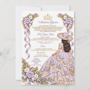 Purple 15 Anos Charra Girl Gold Quinceañera Floral Invitation