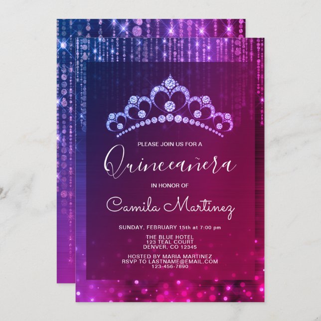 Purple 15th Birthday Quinceanera with Tiara Invitation (Front/Back)