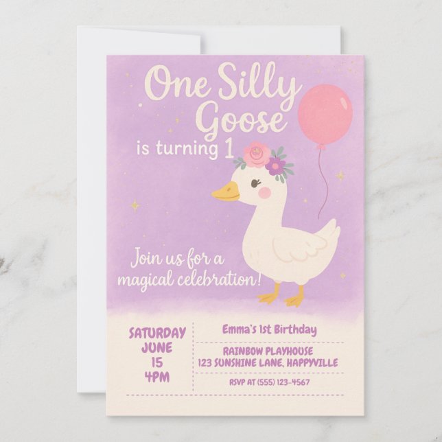 Purple 1st Birthday Celebration - One Silly Goose  Invitation (Front)