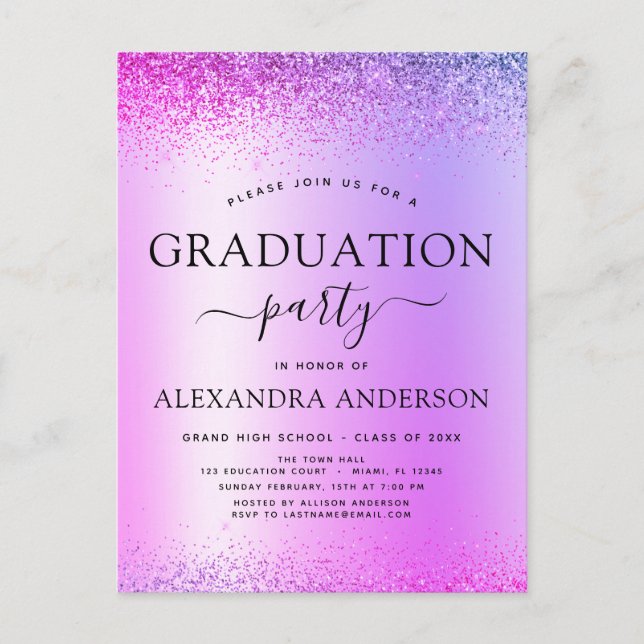 Purple 2022 Graduation Party Glitter Invitation Postcard (Front)