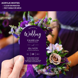 Purple 2 Acrylic Wedding Invites White Text Modern Invitations
