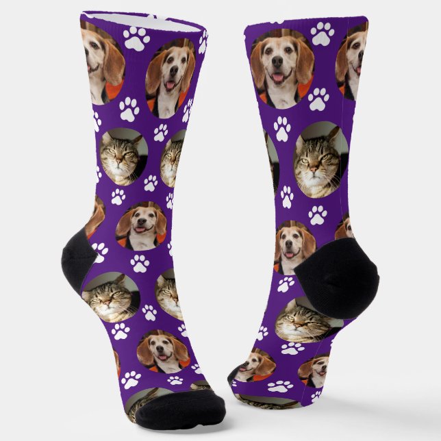 Purple 2 Pet Photo Paw Prints Cute Socks (Angled)