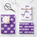 Purple 30th Happy Birthday Custom Name Wrapping Paper Sheet<br><div class="desc">Add a Name,  Customise the Age and say Happy Birthday with this multi-sheet gift wrap in purple and white to help someone special celebrate the big 30th Birthday.  Three separate Wrapping Paper Sheets to Personalise.</div>
