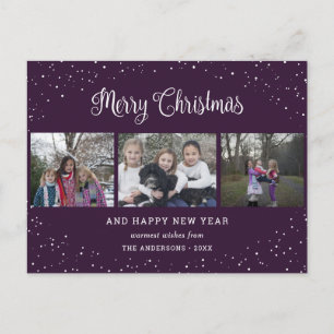 Purple 3 Photo Collage Calligraphy Holiday Postcard