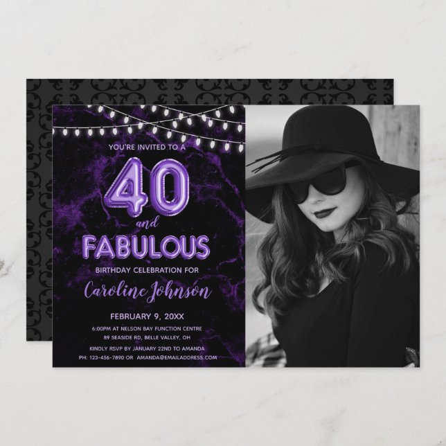 Purple 40th Birthday Party  - 40 & Fabulous Invitation (Front/Back)