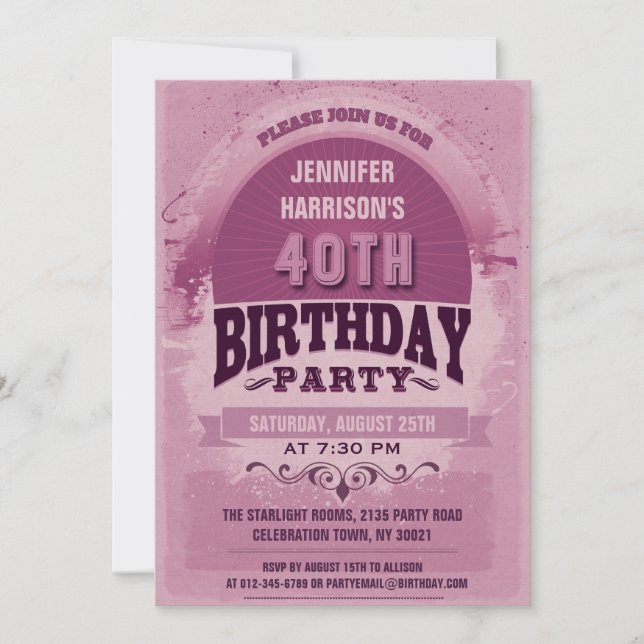 Purple 40th Birthday Vintage Typography Invitation (Front)