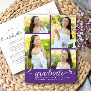 Purple  4 Photo Graduation Modern Script Hearts Invitation Postcard
