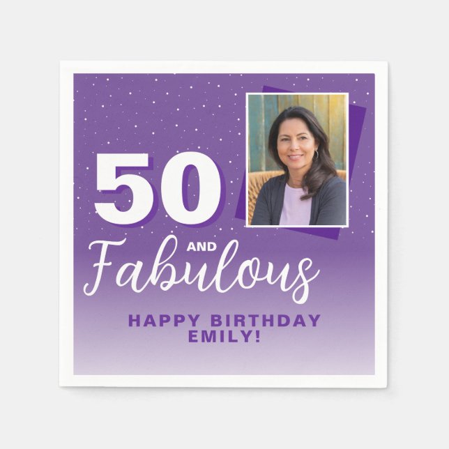 Purple 50 and Fabulous 50th Birthday Photo Napkin (Front)