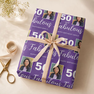 Purple 50 and Fabulous 50th Birthday Photo Wrapping Paper Sheet