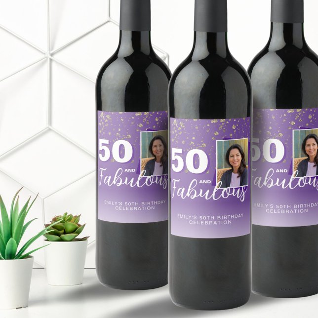 Purple 50 and Fabulous Glitter 50th Birthday Photo Wine Label (Creator Uploaded)