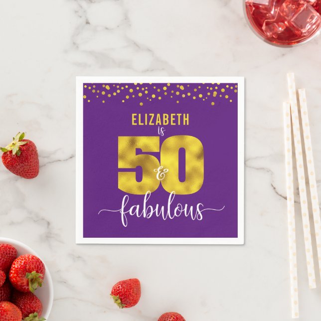 Purple 50 fabulous birthday gold confetti dots napkin (Insitu)