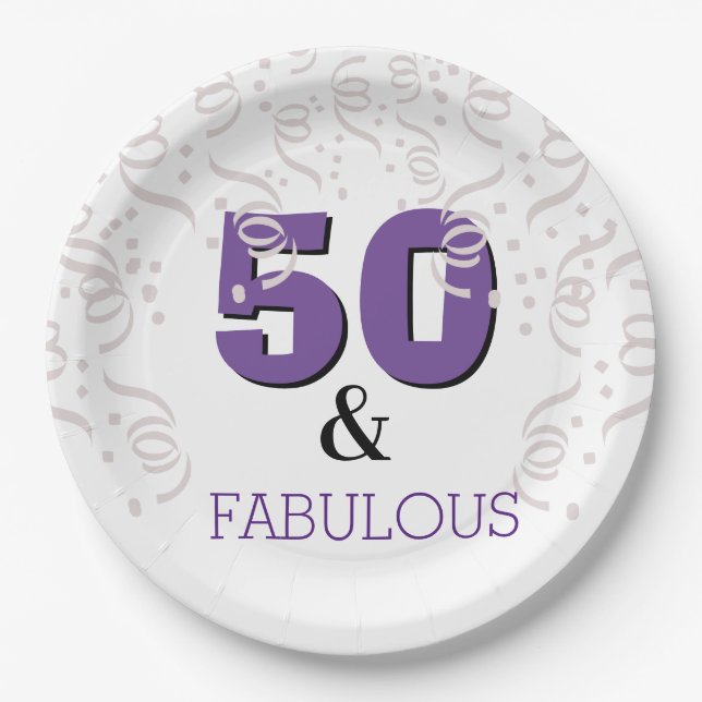 Purple 50 Fabulous | Happy 50th Birthday Party Paper Plate (Front)