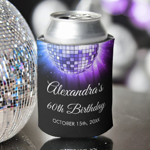 Purple 60th Birthday Party 70's Disco Ball Can Cooler