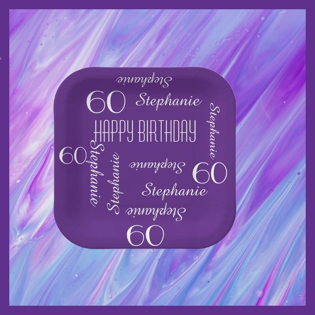 Purple, 60th Birthday Party Repeating Name Square Paper Plate (Creator Uploaded)