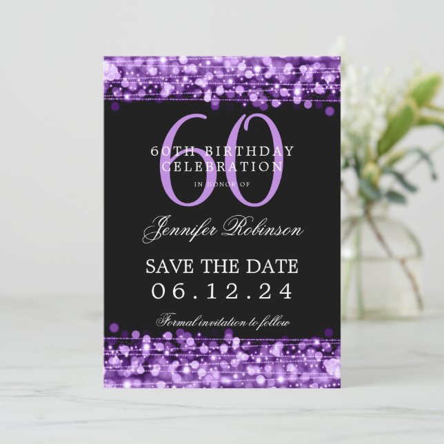 Purple 60th Birthday Party Save the Date  Invitation (Standing Front)