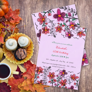 Purple 60th Birthday Spring Unique Doodle Flowers  Invitation