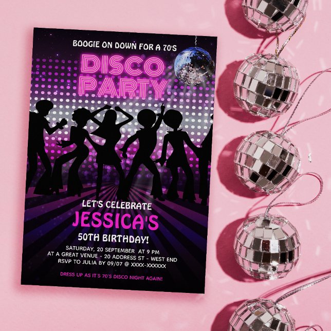 Purple 70s Disco Dancing Party Invitation (Time to get you groove on with our out of sight, 70s Disco Party birthday invitation. )