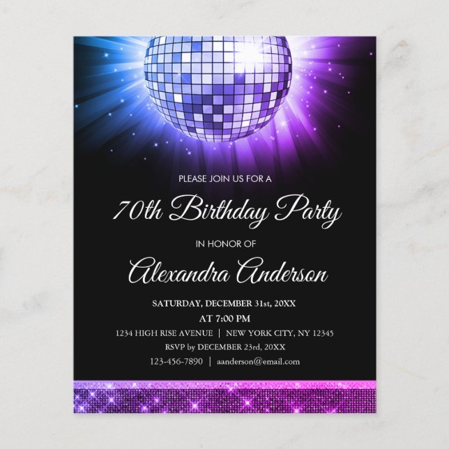 Purple 70th Birthday Party 70's Disco Ball Flyer (Front)