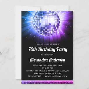 Purple 70th Birthday Party 70's Disco Ball Invitation