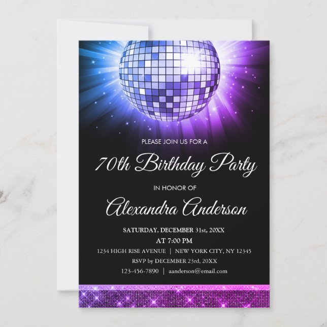 Purple 70th Birthday Party 70's Disco Ball Invitation (Front)