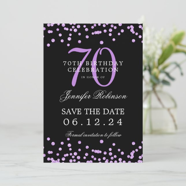 Purple 70th Birthday Save the Date Details Black  Invitation (Standing Front)