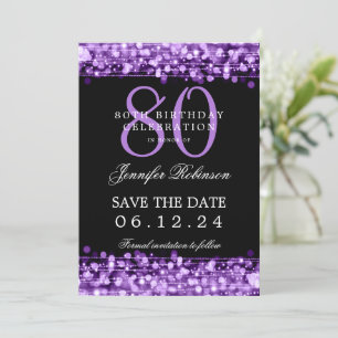 Purple 80th Birthday Save the Date w/ Details Invitation