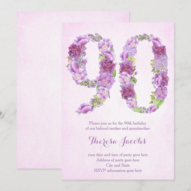 purple 90th birthday invitations, 90th Party Cards (Front/Back)