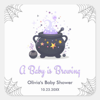 Purple A Baby is Brewing Halloween Baby Shower Square Sticker