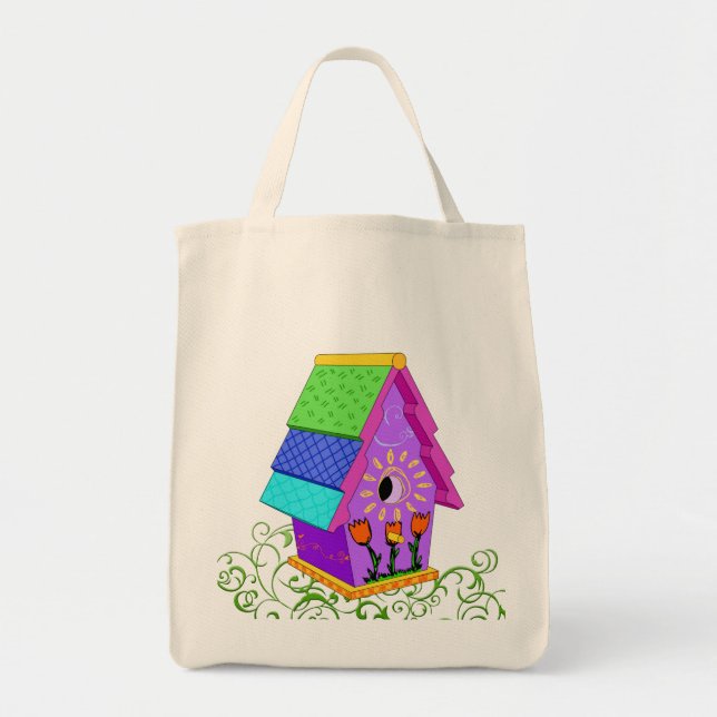 Purple A-Frame Birdhouse Canvas Bag (Front)