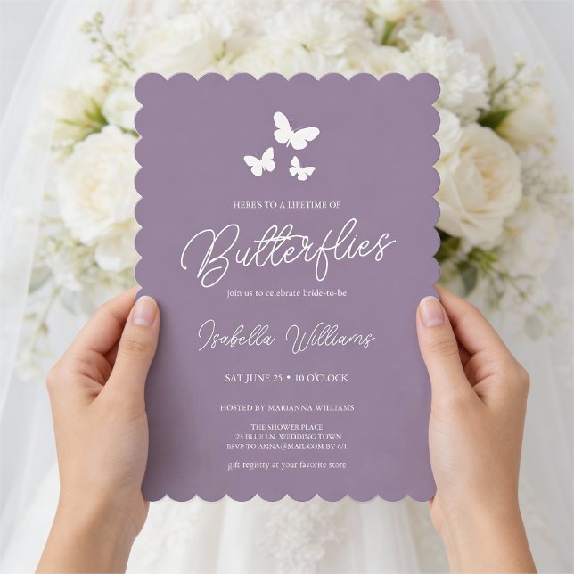 Purple A Lifetime of Butterflies Bridal Shower Invitation (Front of the invite shown in 5 x 7 inches, choose size, paper, and corner style.)