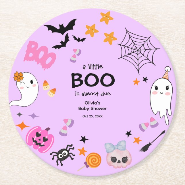 Purple A Little Boo Cute Halloween Baby Shower Round Paper Coaster (Front)