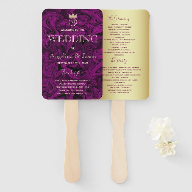 Purple Abstract Art and Gold Foil Wedding Program Hand Fan (Front and Back)